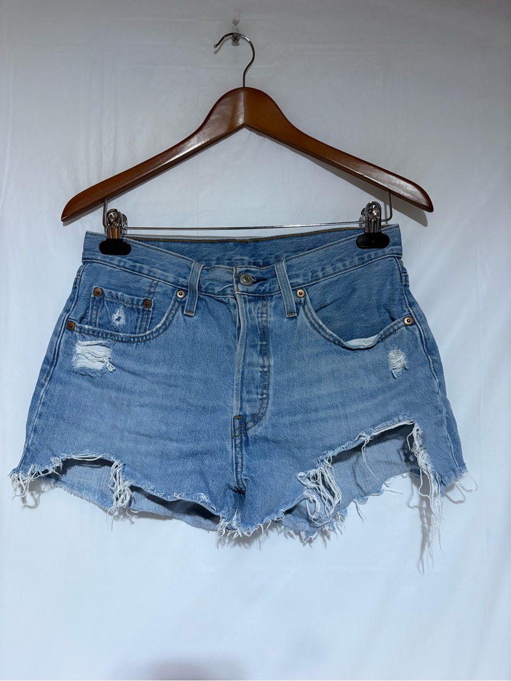 Levi's 501 Light Blue Distressed Frayed Denim Shorts